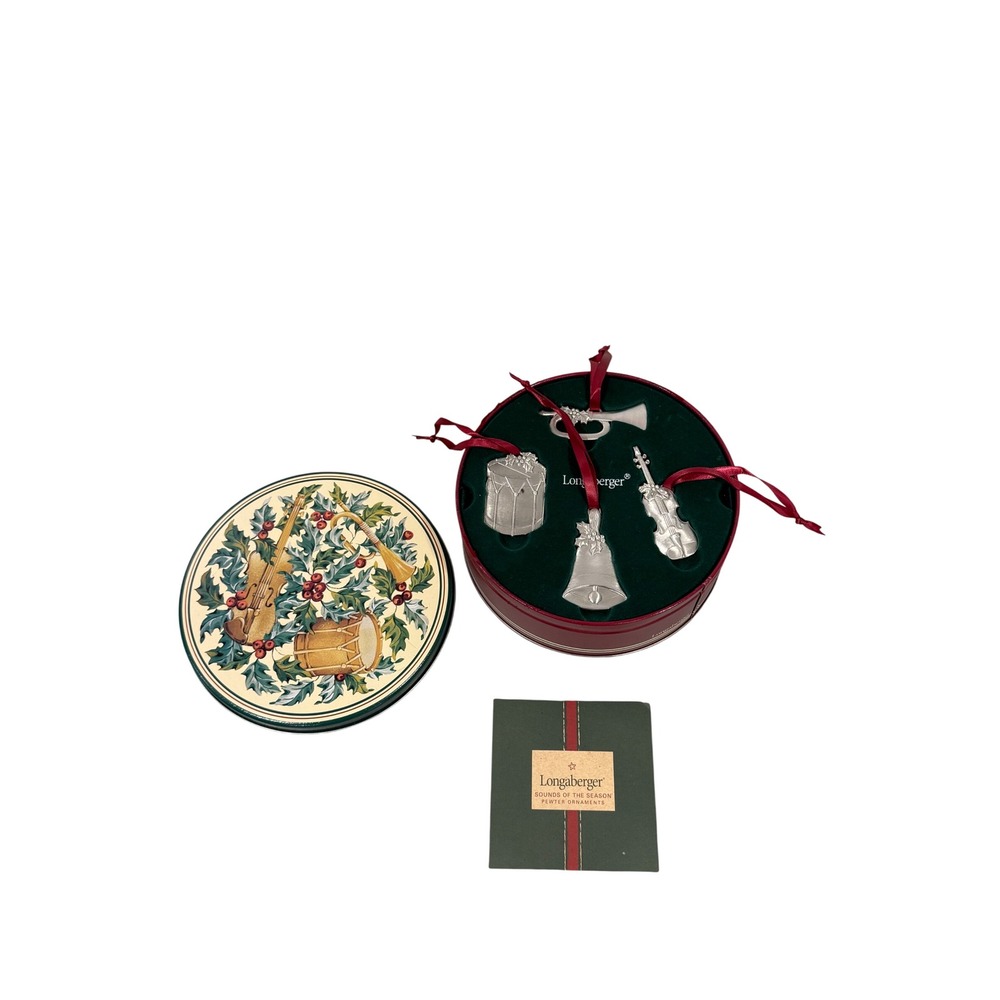 Longaberger Sounds of the Season Pewter Ornaments Set of 4 with Tin